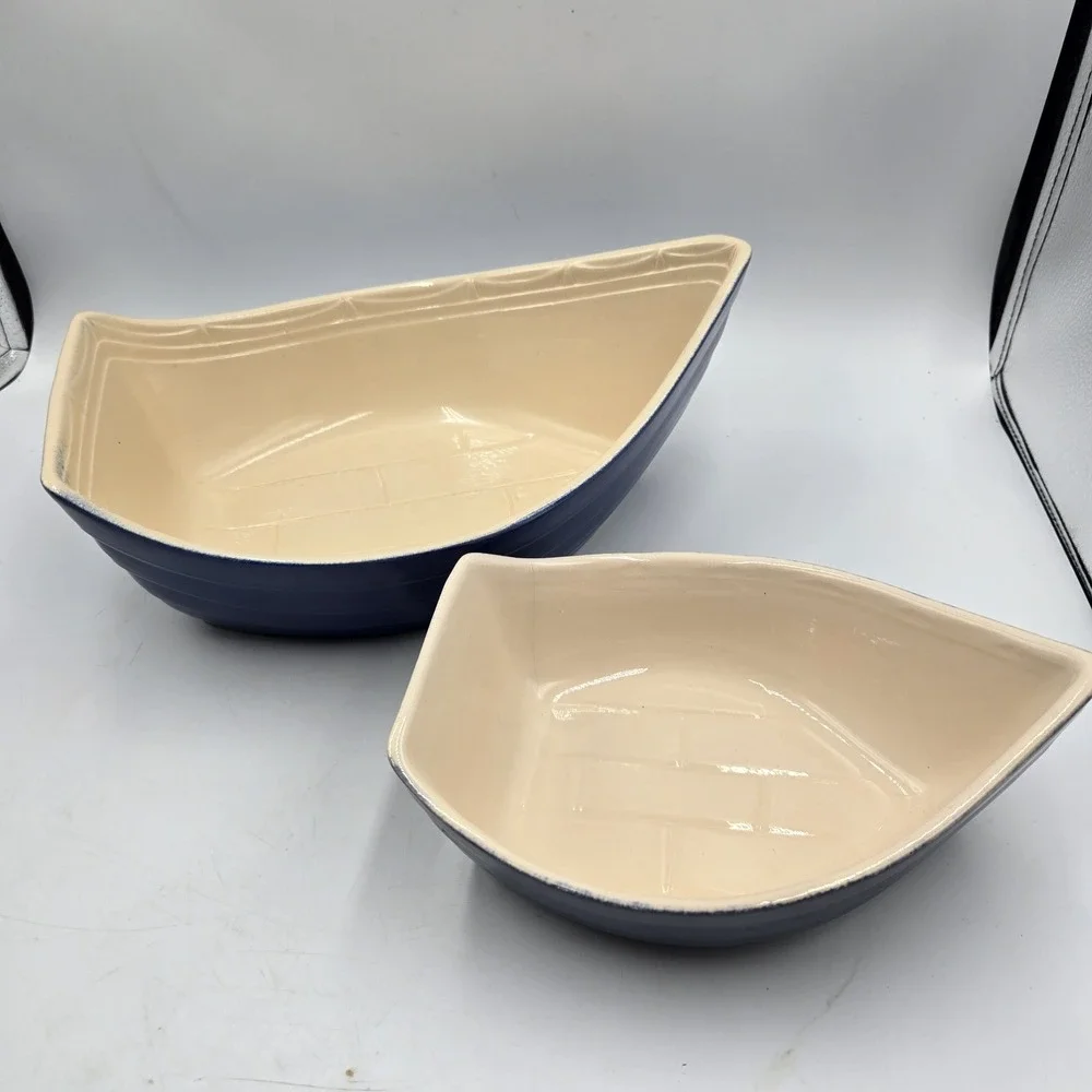 2 BCI Fabrique En Bretagne Pate Dish Baker Ceramic Boat Blue France Vintage